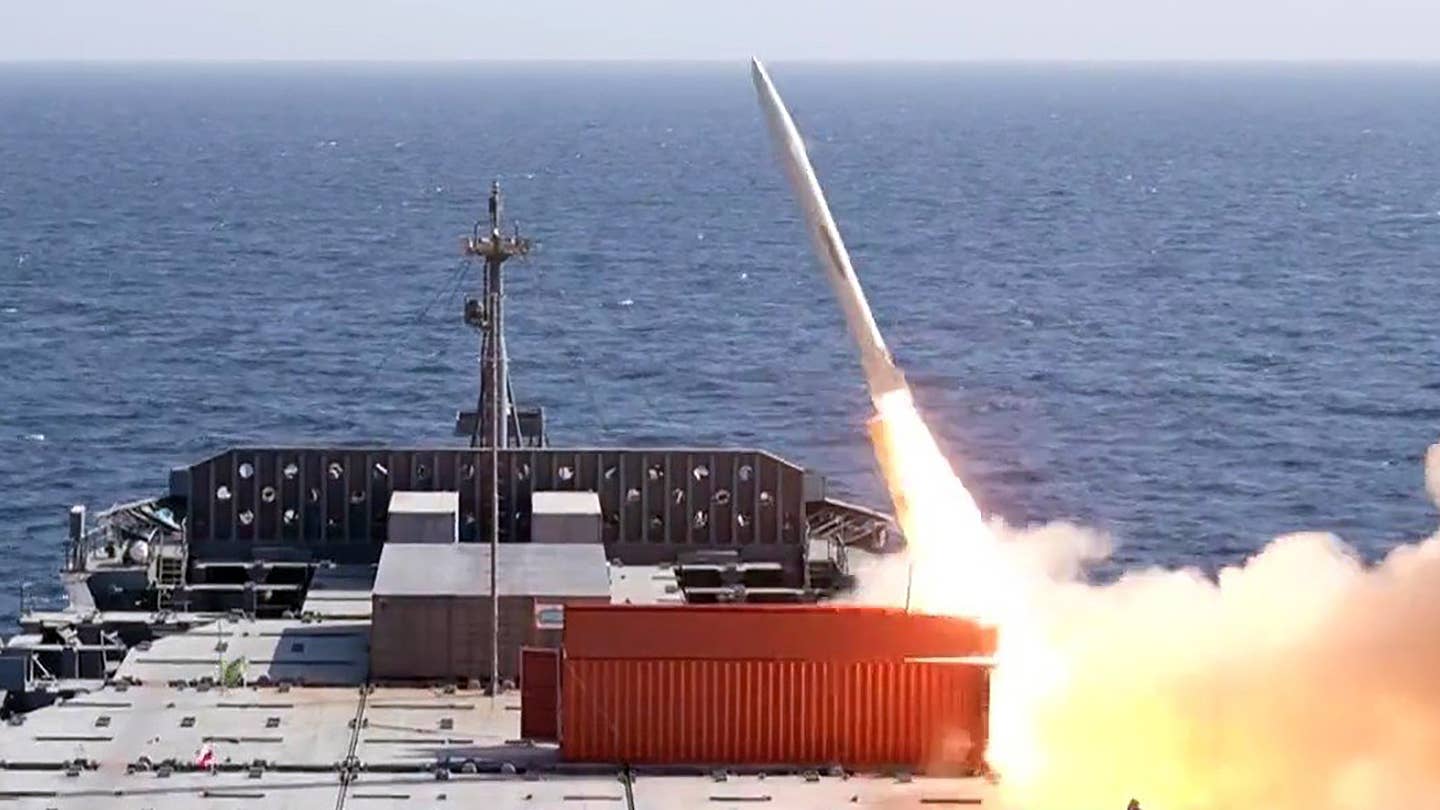 Iran ballistic missile fired from a container at sea.