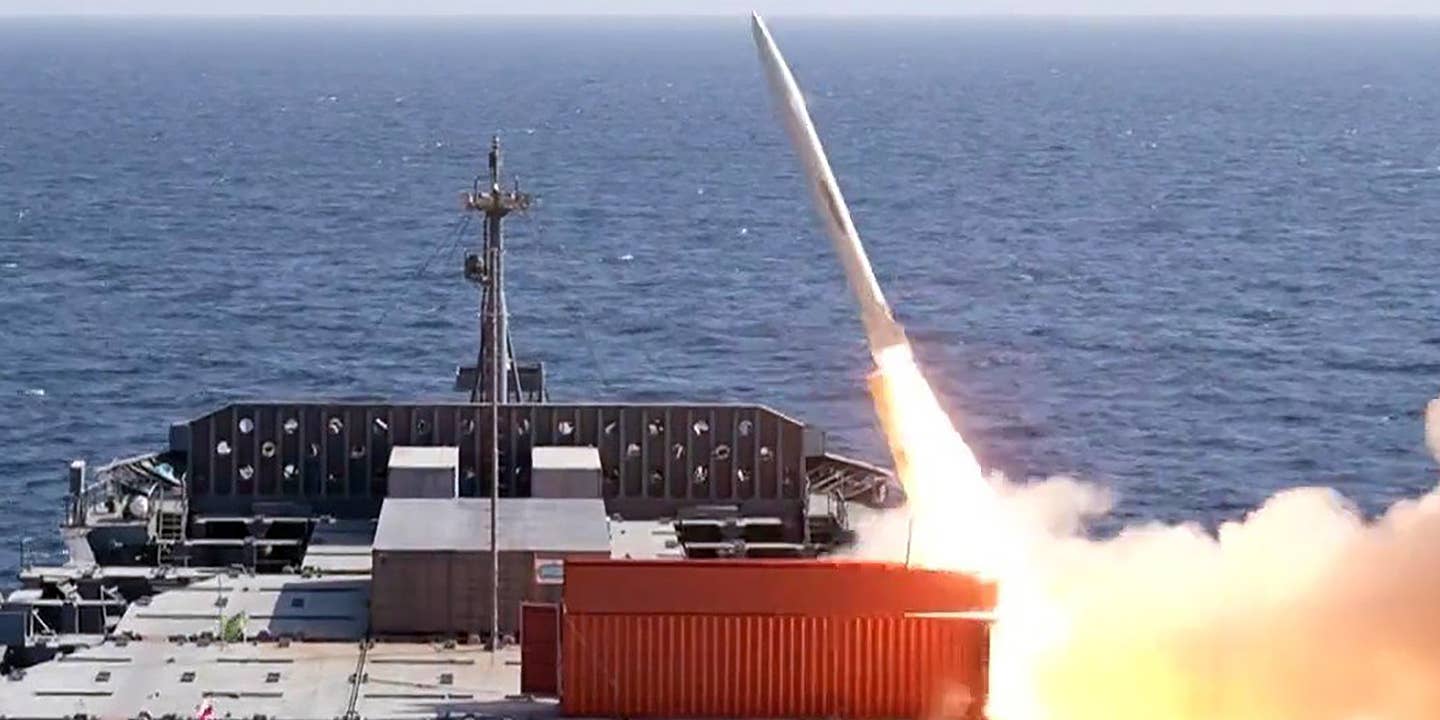 Iran ballistic missile fired from a container at sea.