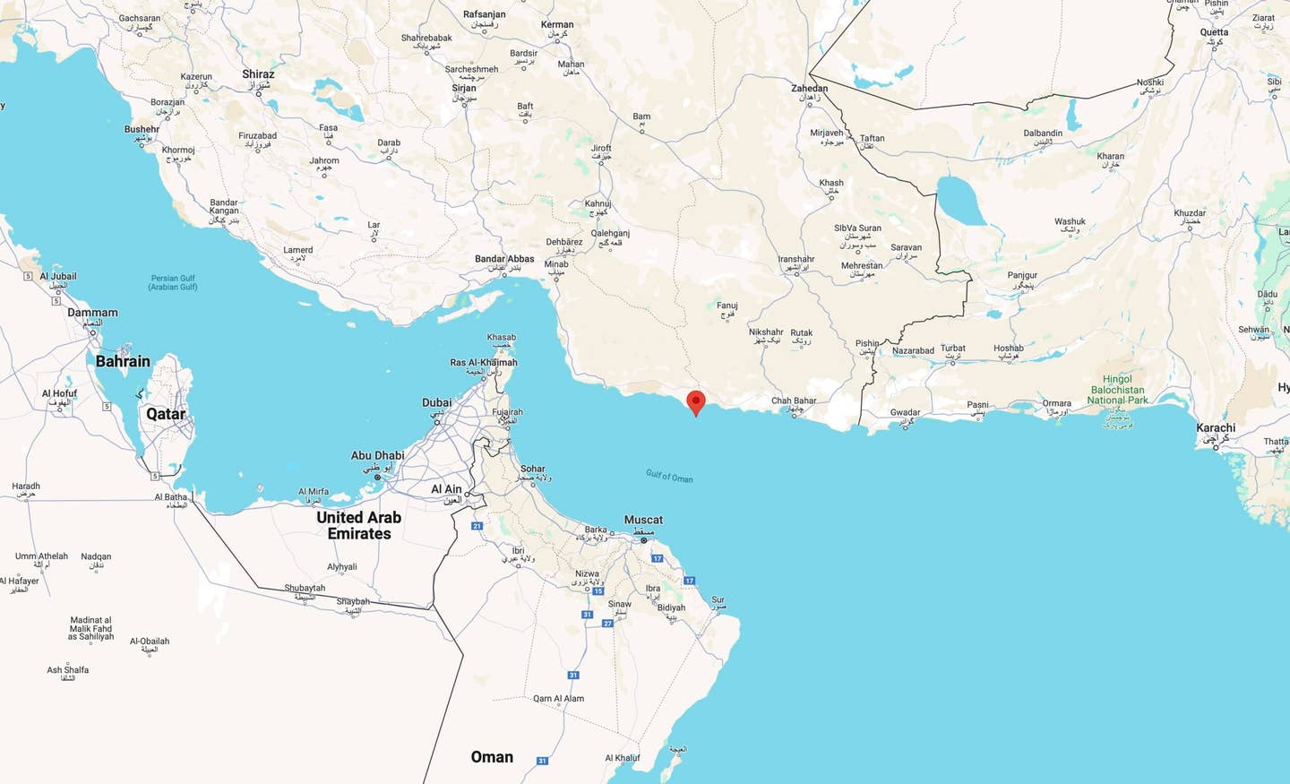 Estimated location of the vessel in the Gulf of Oman. <em>Google Maps</em>