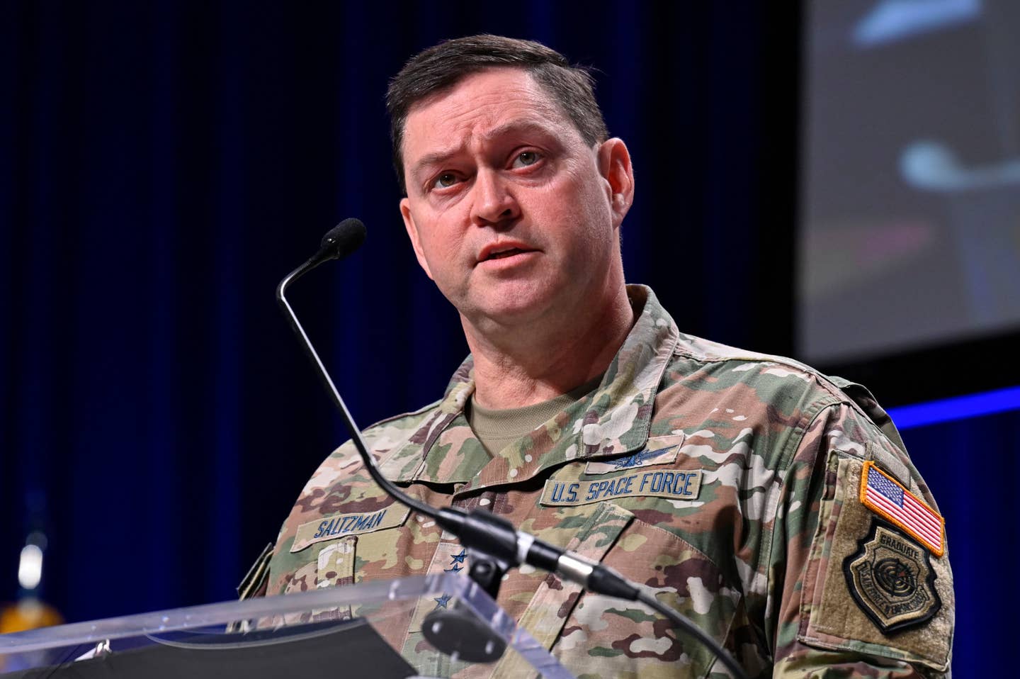 Chief of Space Operations Gen. Chance Saltzman delivers a keynote address on the state of the U.S. Space Force during the Air and Space Forces Association 2024 Warfare Symposium on February 13, 2024. <em>USAF</em>