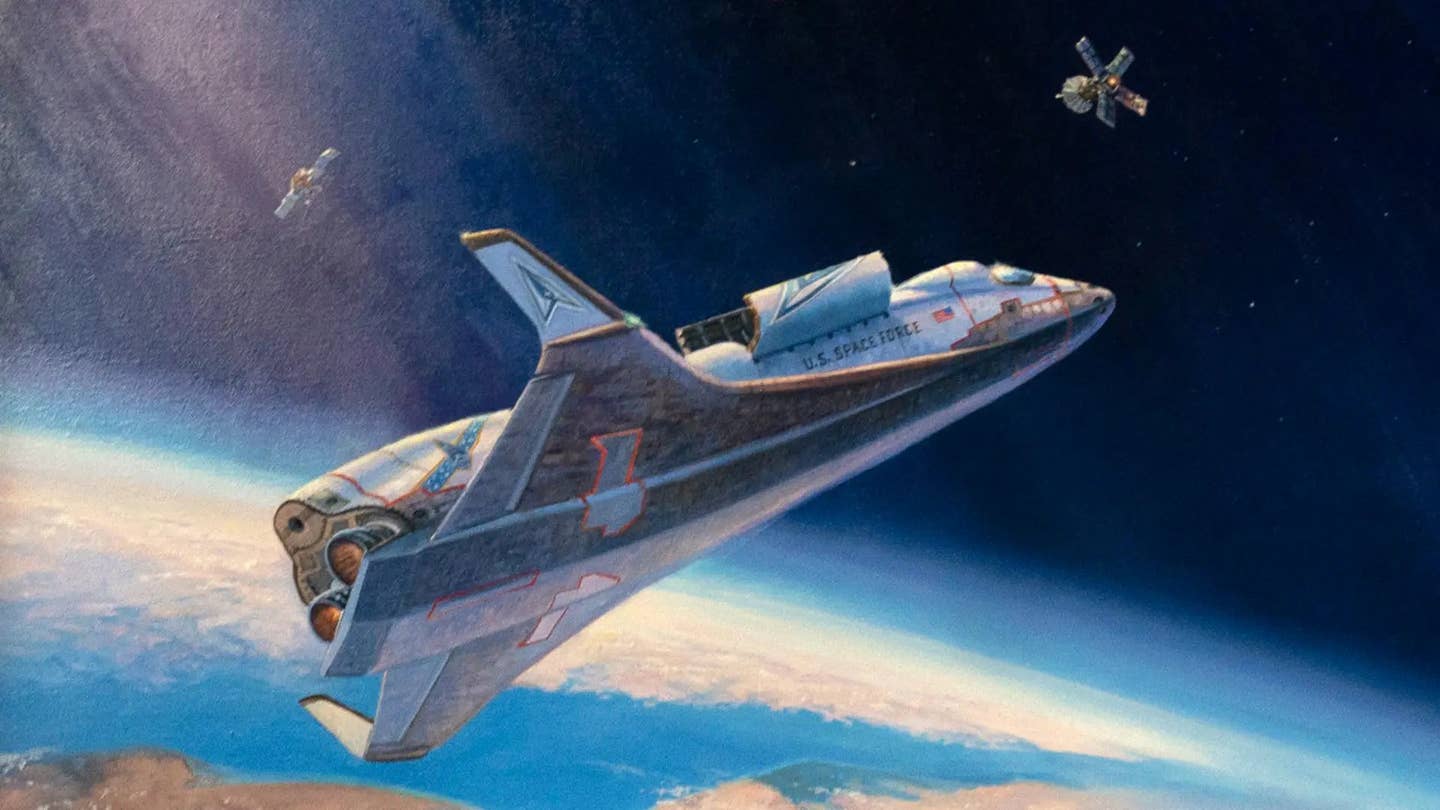 This painting, the very first commissioned for the U.S. Space Force, depicts a fictitious reusable space place intercepting a hostile 'killer satellite' threatening another American asset in orbit. <em>U.S. Space Force</em>