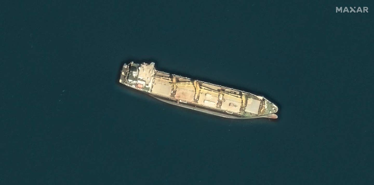 The Iranian spy ship M/V Behshad, seen in a Feb. 5 satellite image anchored about three miles northwest of a Chinese military base in Djibouti, Africa. (Satellite image ©2024 Maxar Technologies)