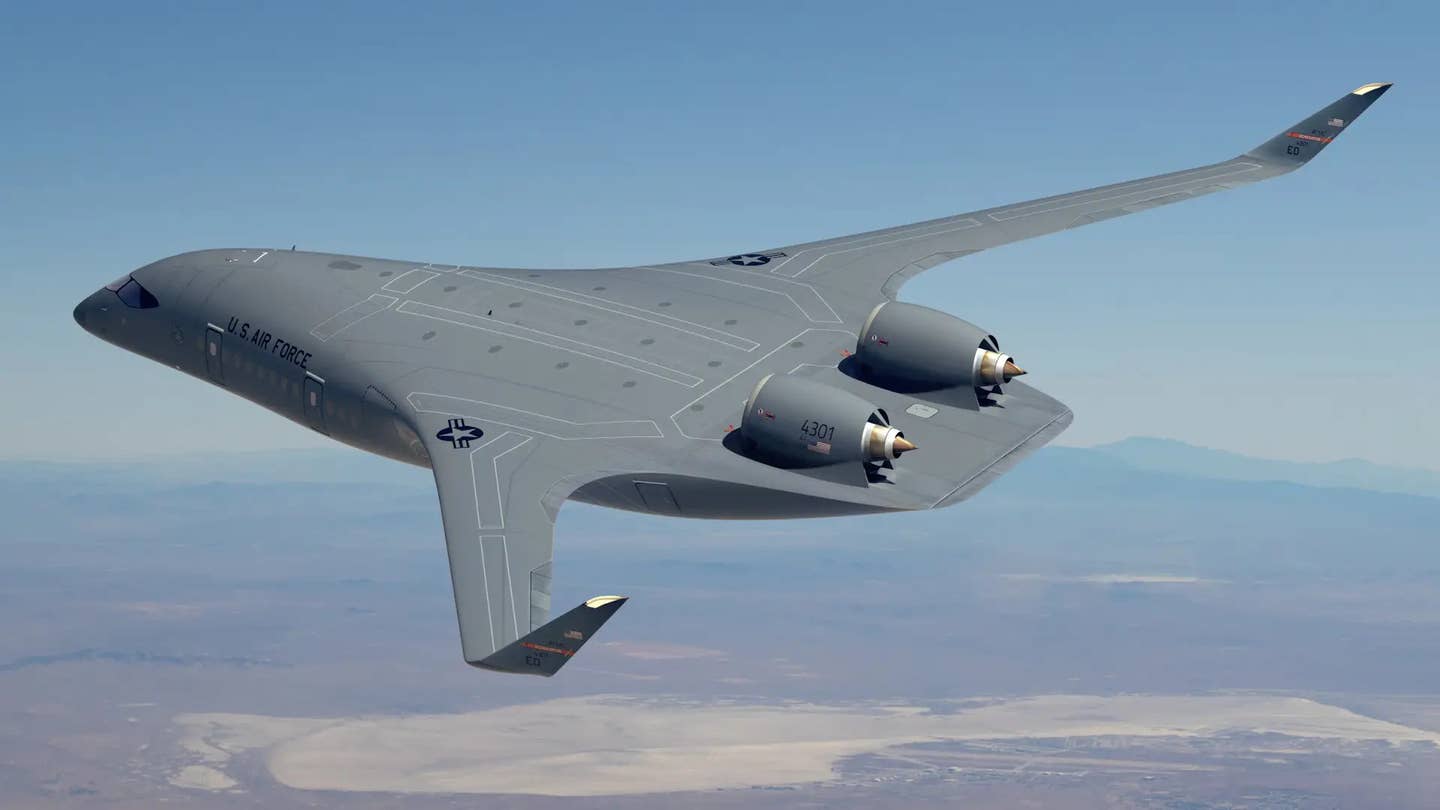 A rendering of the blended wing body demonstrator aircraft now in development for the Air Force. <em>USAF</em>