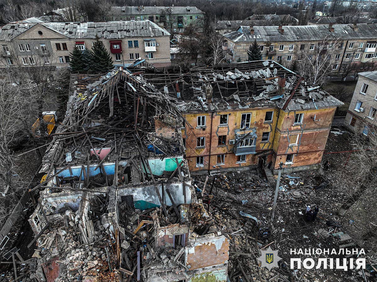 Damage to a residential building in&nbsp;Selydove, in the Donetsk region of Ukraine, after a Russian missile strike on the night of February 8, 2024. According to preliminary data, eight Russian S-300 and North Korean KN-23 missiles were launched. <em>National Police of Ukraine</em><br>