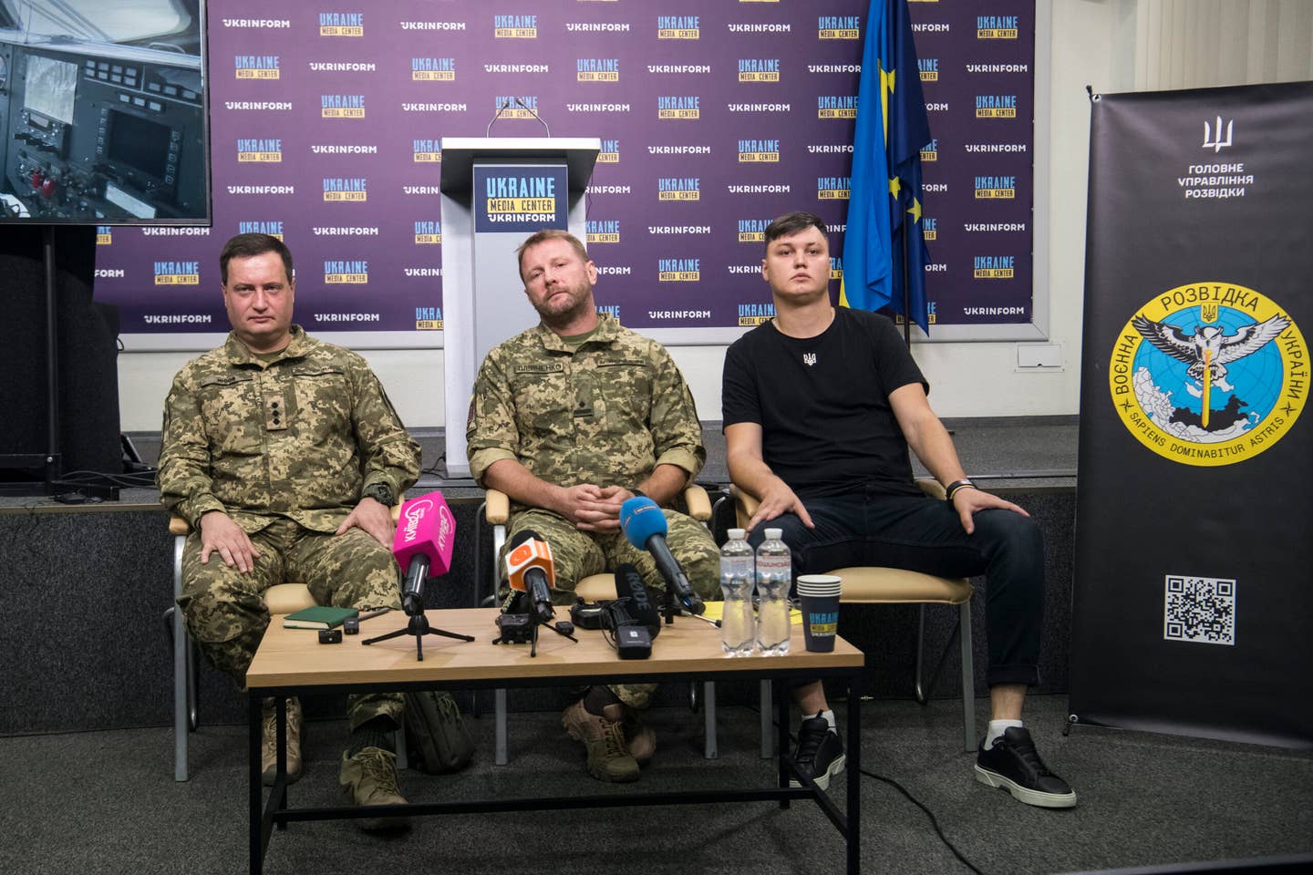 Maxim Kuzminov (right), with Andriy Yusov, a spokesperson for the GRU (left) during a meeting in Kyiv, Ukraine, on September 5, 2023. <em>Photo by Maxym Marusenko/NurPhoto via Getty Images</em>