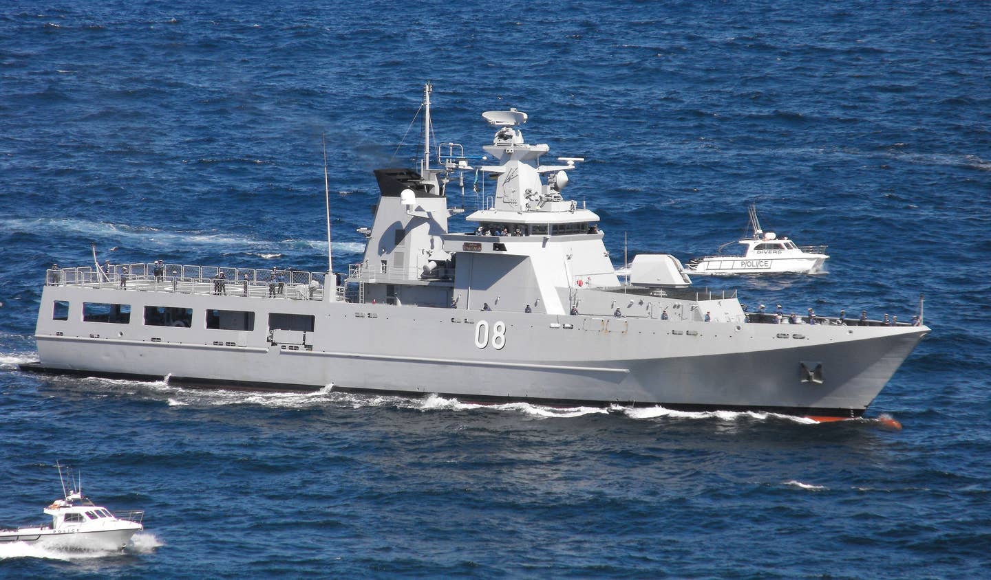 The Royal Brunei Navy's <em>KDB Darulaman</em> offshore patrol vessel in Australia in 2013. The <em>Arafura</em> class for Australia is based on this design from German shipbuilder Lürssen. <em>Saberwyn via Wikimedia</em>