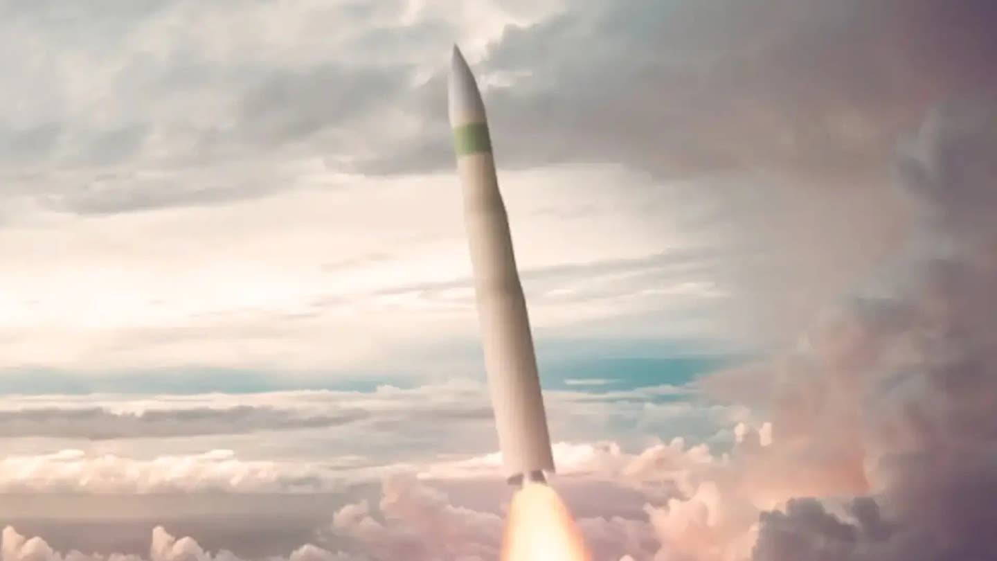 A rendering of a complete LGM-35 Sentinel intercontinental ballistic missile. <em>Northrop Grumman</em>