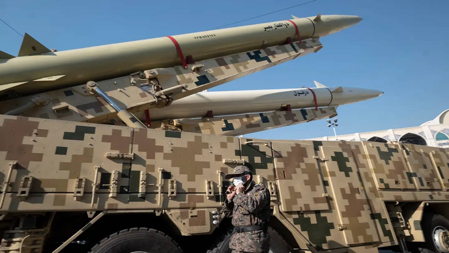 Iranian ballistic missiles like the ones Russia has reportedly received seen on display. <em>Morteza Nikoubazl/NurPhoto via Getty Images</em>