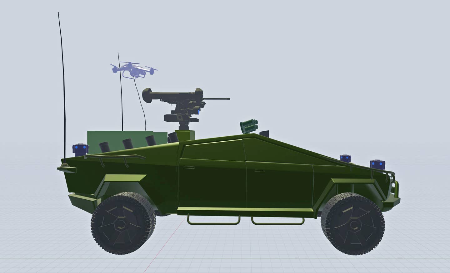 A conceptual rendering of a Cybertruck UGV that is a collaboration between TWZ and Mr Vu The Vuong. It features CROWS remote weapons and sensor station with a machine gun and Javelin anti-tank missiles, eight launch tubes for loitering munitions, a tethered overwatch drone, smoke/countermeasure launchers, enhanced suspension, multiple cameras and LIDAR self-driving sensors, and a bullbar with lighting and winch, among other alterations.
