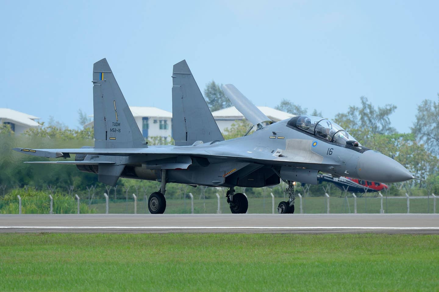 A Su-30MKM Flanker of the Royal Malaysian Air Force lands at Langkawi Airport, Malaysia. <em>Getty Images</em>