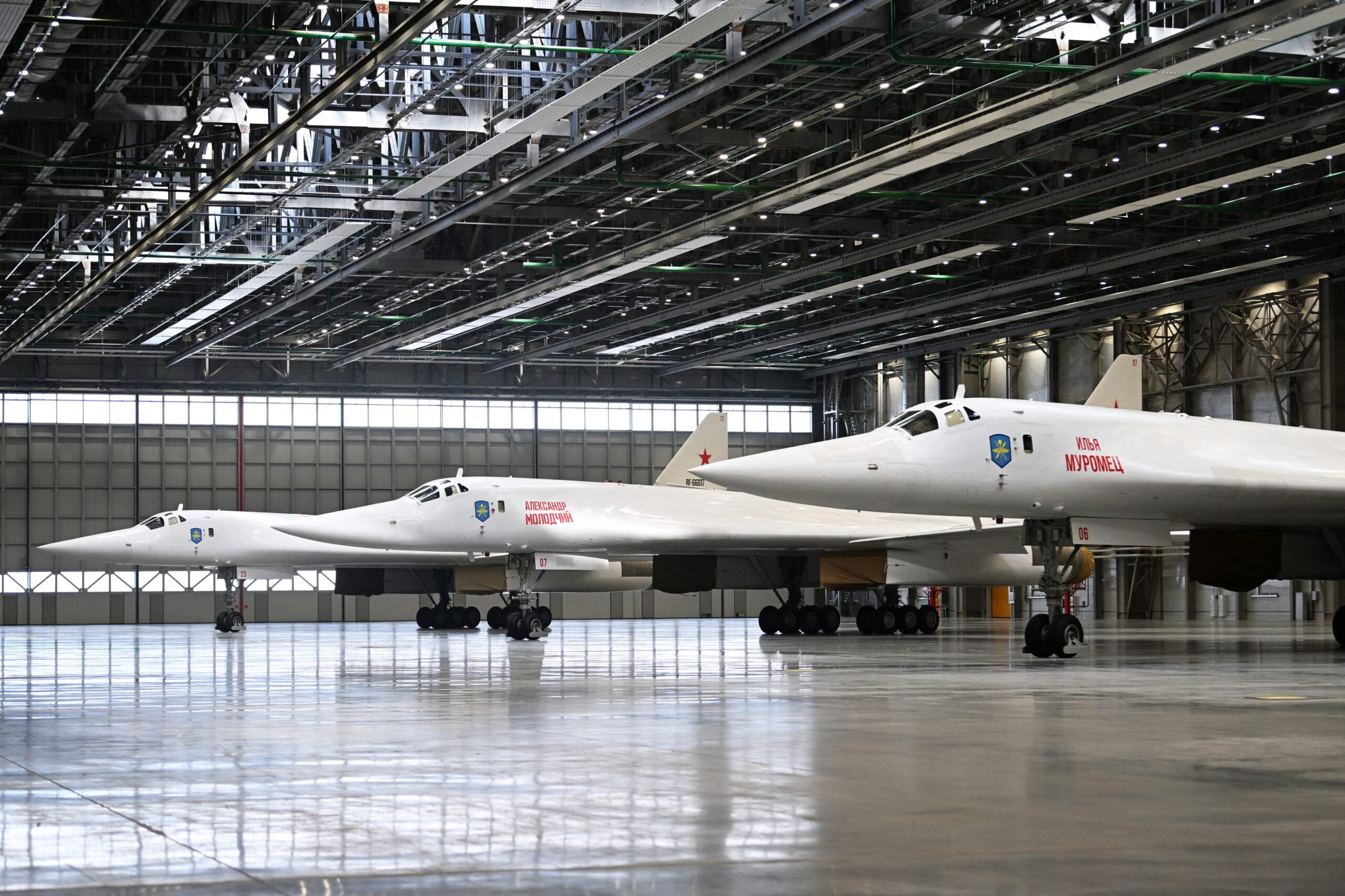In this pool photograph distributed by Russian state agency Sputnik, Tupolev Tu-160M strategic bombers are seen at the Gorbunov Kazan Aviation Plant in Kazan on February 21, 2024. (Photo by Kristina Kormilitsyna / POOL / AFP) (Photo by KRISTINA KORMILITSYNA/POOL/AFP via Getty Images)