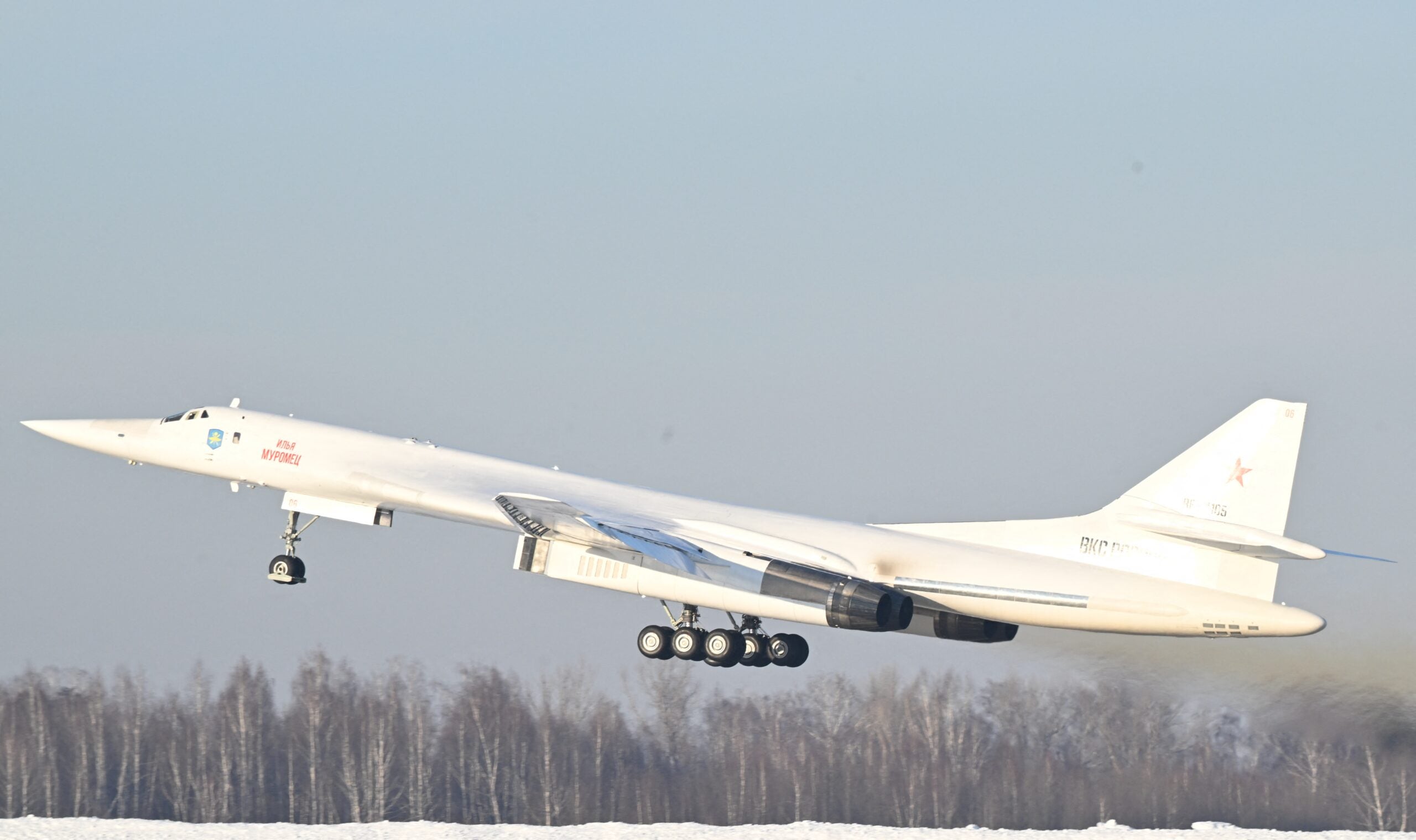 In this pool photograph distributed by Russian state agency Sputnik, the Tupolev Tu-160M "Ilya Muromets" strategic bomber takes off from the runway of an aircraft manufacturer in Kazan on February 22, 2024. (Photo by Dmitry AZAROV / POOL / AFP) (Photo by DMITRY AZAROV/POOL/AFP via Getty Images)