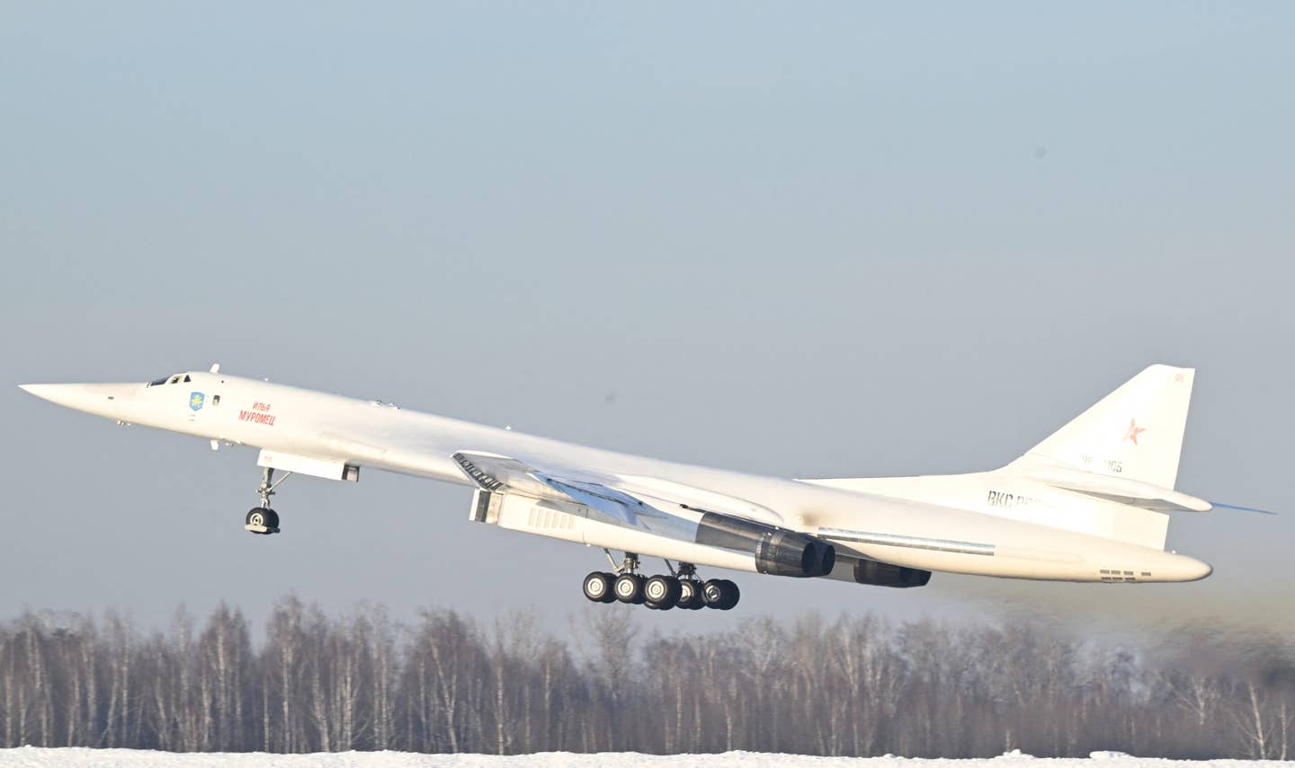 A pool photograph distributed by Russian state agency <em>Sputnik</em> shows Tu-160M <em>Ilya Muromets</em> taking off from the Kazan factory runway on February 22, 2024. <em>Photo by DMITRY AZAROV/POOL/AFP via Getty Images</em>