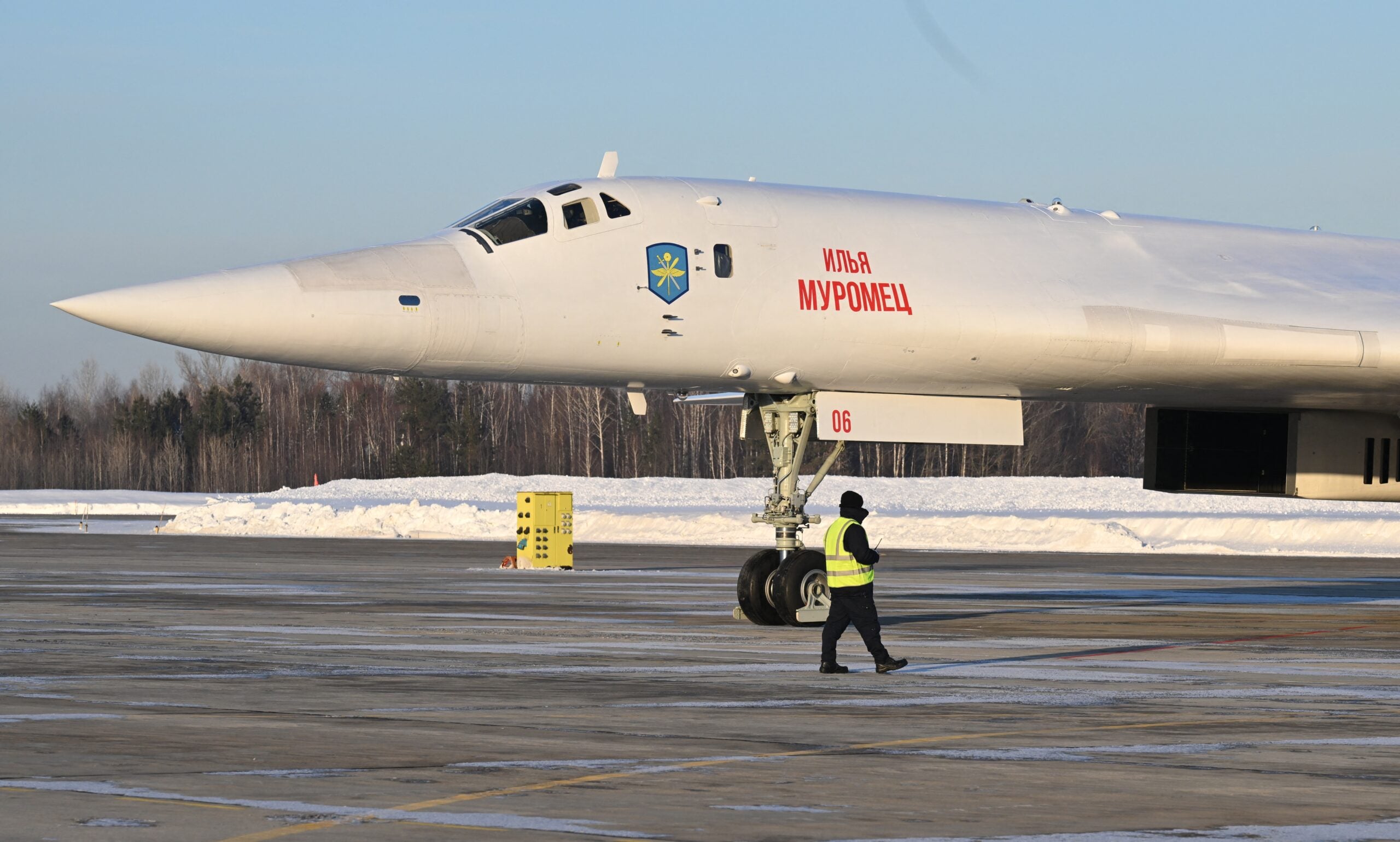 In this pool photograph distributed by Russian state agency Sputnik, the Tupolev Tu-160M "Ilya Muromets" strategic bomber is seen on the grounds of an aircraft manufacturer in Kazan on February 22, 2024. (Photo by Dmitry AZAROV / POOL / AFP) (Photo by DMITRY AZAROV/POOL/AFP via Getty Images)