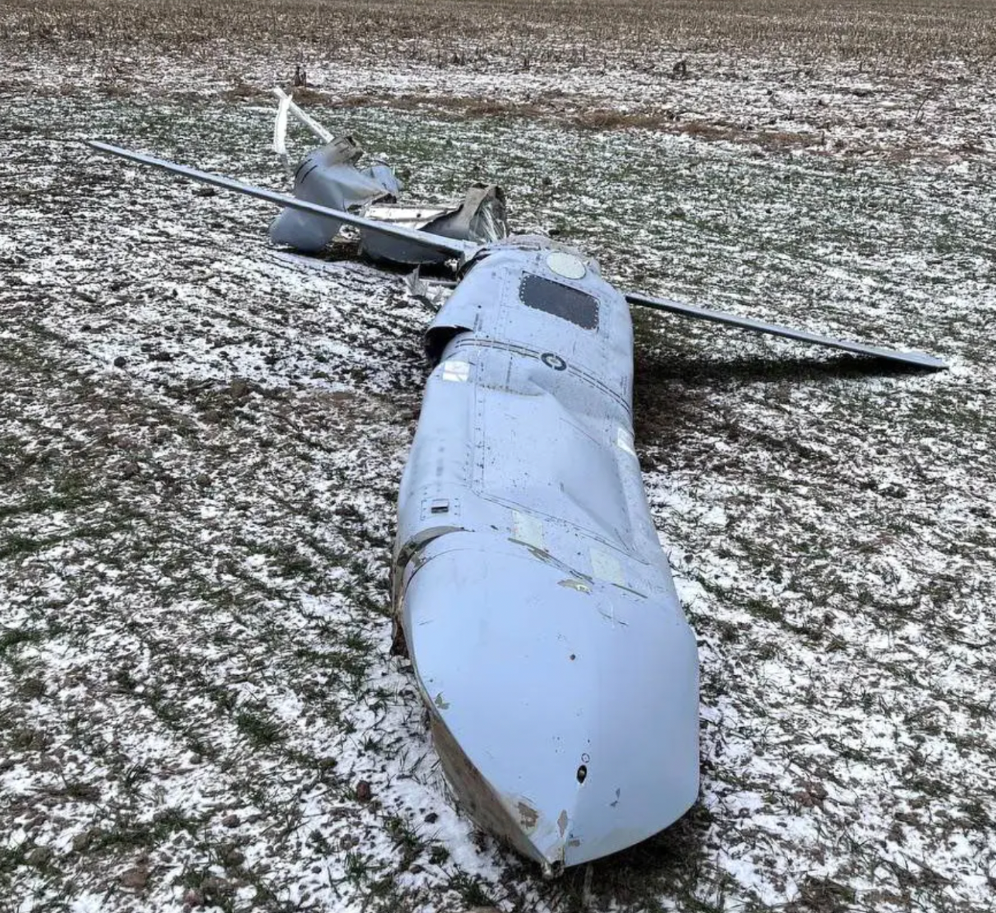 Wreckage of a largely intact Kh-101 reportedly shot down by Ukrainian forces in the central Vinnytsia region of Ukraine in January 2023.&nbsp;<em>Ukrainian Air Force</em>