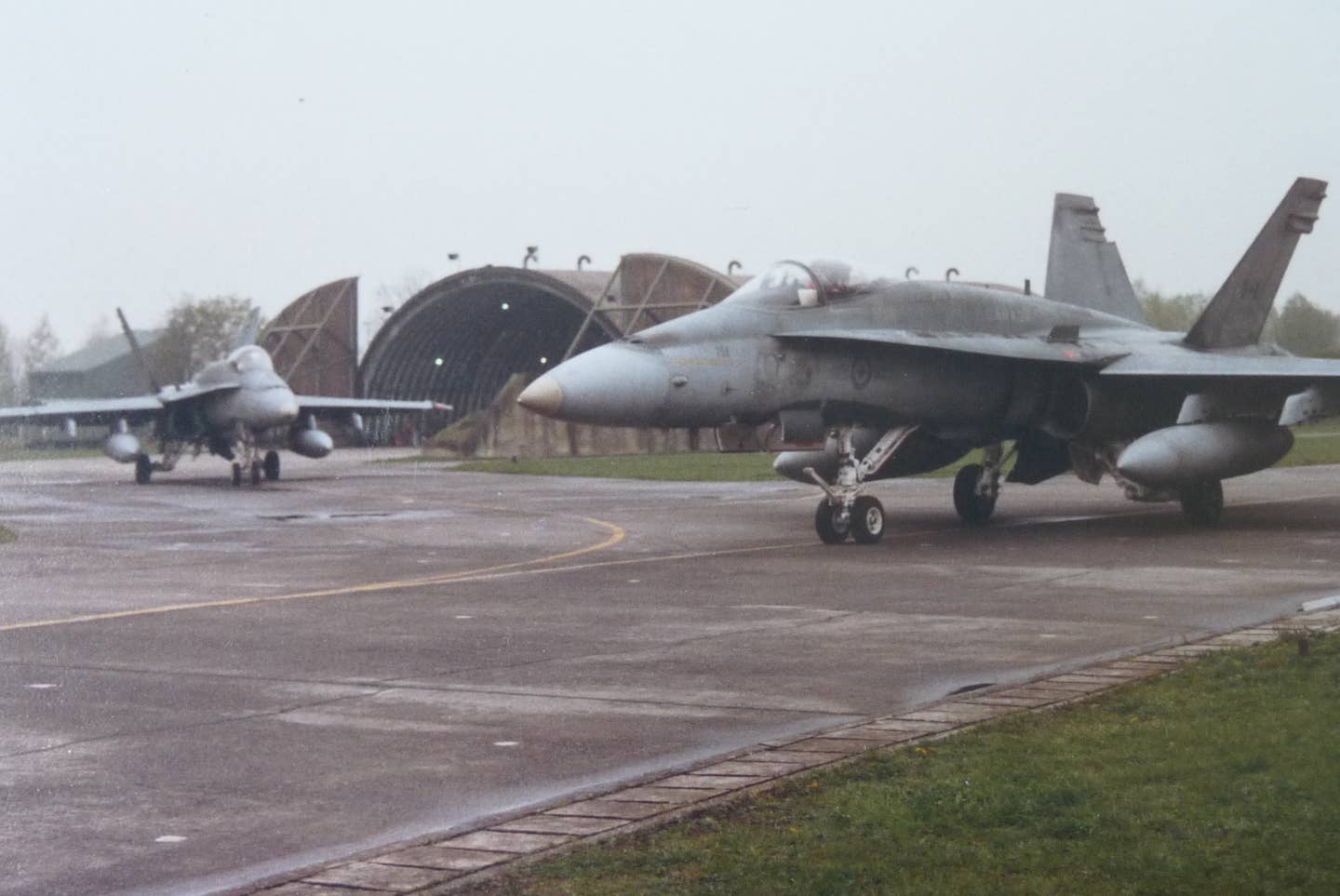 CF-18 Hornets taxiing in Lahr's South Dispersal, during 433 Squadron's deployment in 1989. <em>Dan McWilliams</em>
