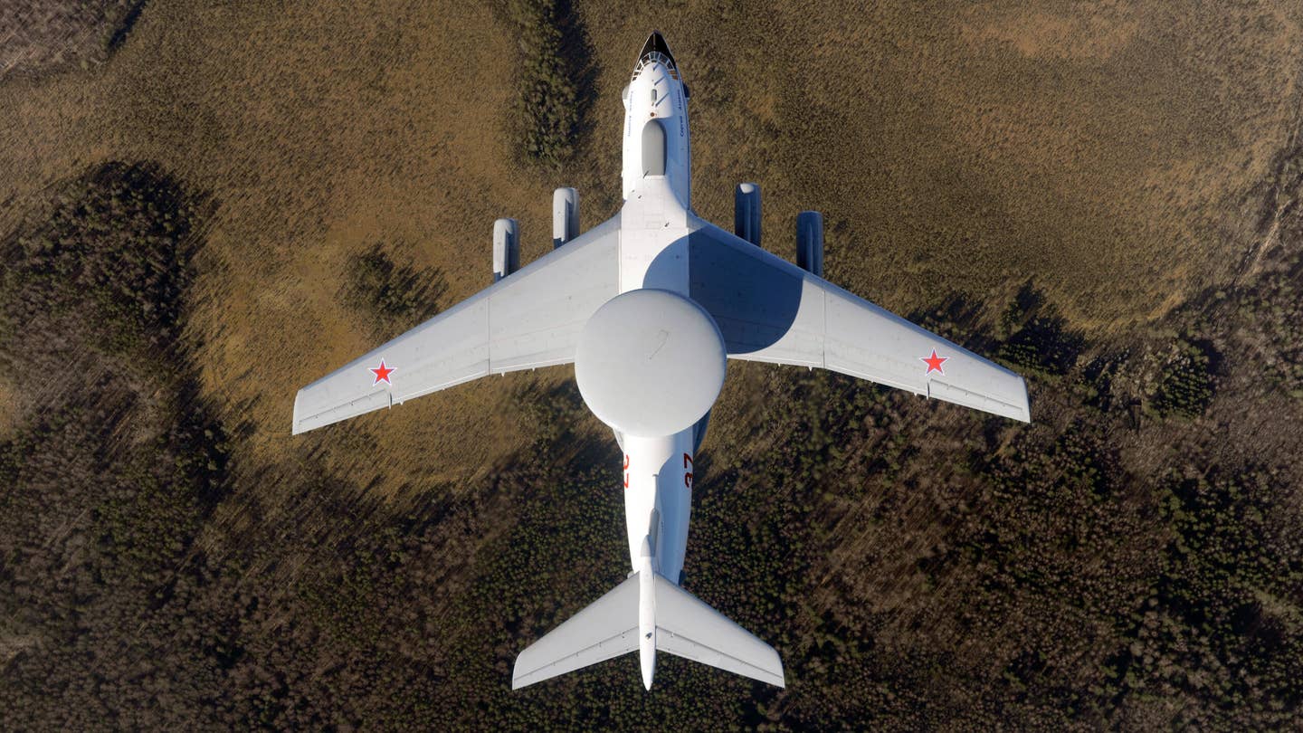 The Beriev A-50U 'Mainstay' airborne warning and control system (AWACS) aircraft based on the Ilyushin Il-76 transport aircraft belonging to Russian Air Force in the air. 'U' designation stands for extended range and advanced digital radio systems. This aircraft was named after Sergey Atayants - Beriev's chief designer.