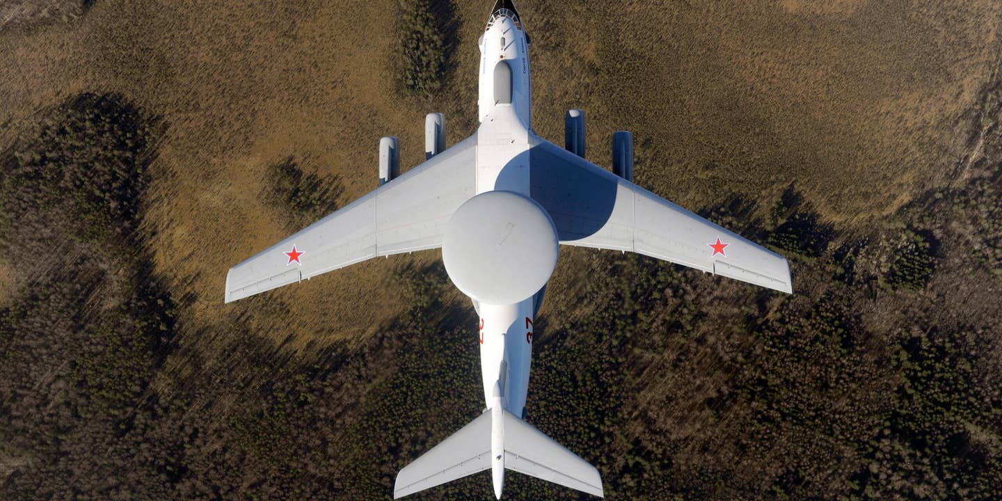The Beriev A-50U 'Mainstay' airborne warning and control system (AWACS) aircraft based on the Ilyushin Il-76 transport aircraft belonging to Russian Air Force in the air. 'U' designation stands for extended range and advanced digital radio systems. This aircraft was named after Sergey Atayants - Beriev's chief designer.