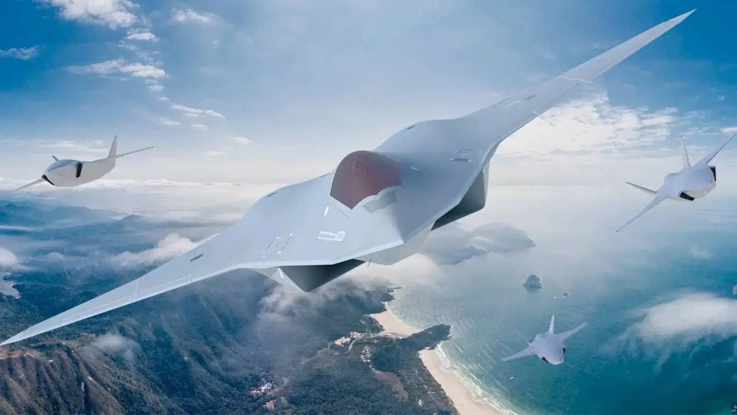 A rendering of a notional sixth-generation stealth crewed combat jet flying together with three drones. <em>Collins Aerospace</em>