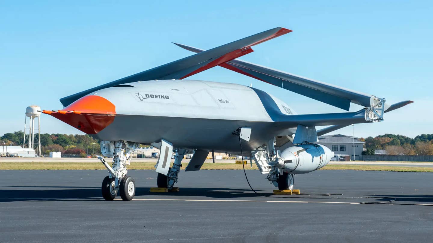 A demonstrator, known as T1, that Boeing and the Navy have been using to support the development of the MQ-25 Stingray tanker drone. <em>USN</em>