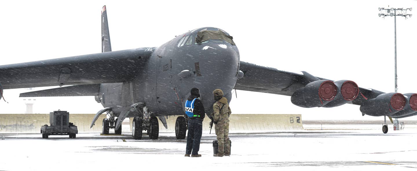 A B-52H bomber at Minot Air Force Base in North Dakota on January 7, 2024. <em>USAF</em>