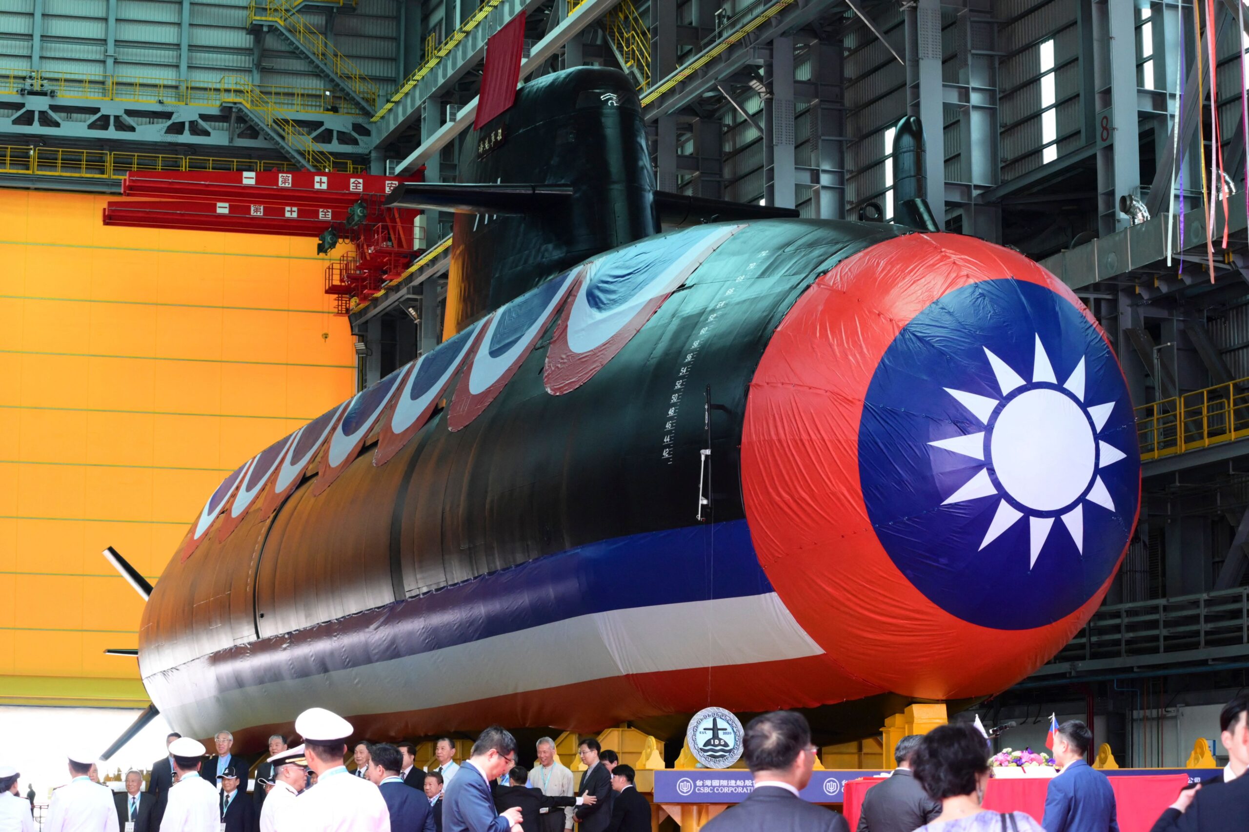 TOPSHOT - Taiwan's first locally built submarine "Narwhal" is seen during unveiling ceremony at the CSBC Corporation shipbuilding company in Kaohsiung on September 28, 2023. (Photo by Sam Yeh / AFP) (Photo by SAM YEH/AFP via Getty Images)