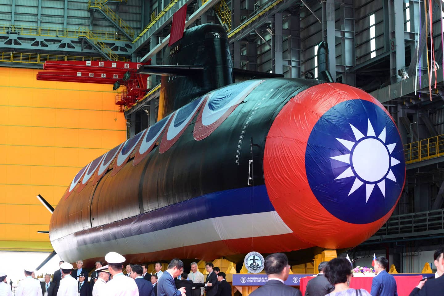 The&nbsp;<em>Hai Kun</em>&nbsp;submarine during its unveiling ceremony at the CSBC Corp. shipbuilding company in Kaohsiung on September 28, 2023. <em>Photo by SAM YEH/AFP via Getty Images</em>