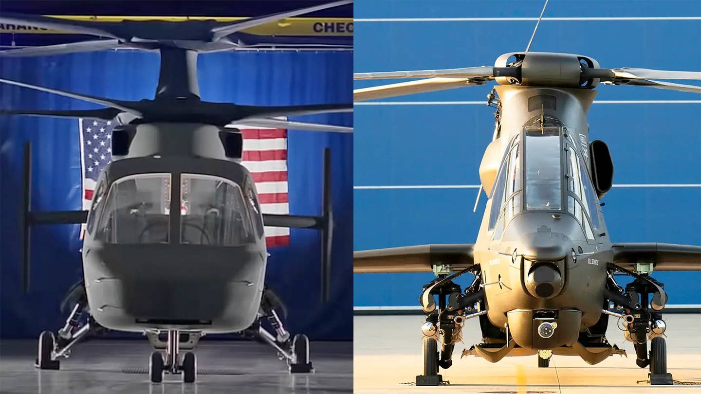 A side-by-side of the two contenders in the new canceled FARA competition. At left, Sikorsky's Raider X and, at right, Bell's 360 Invictus. <em>Sikorsky/Bell</em>