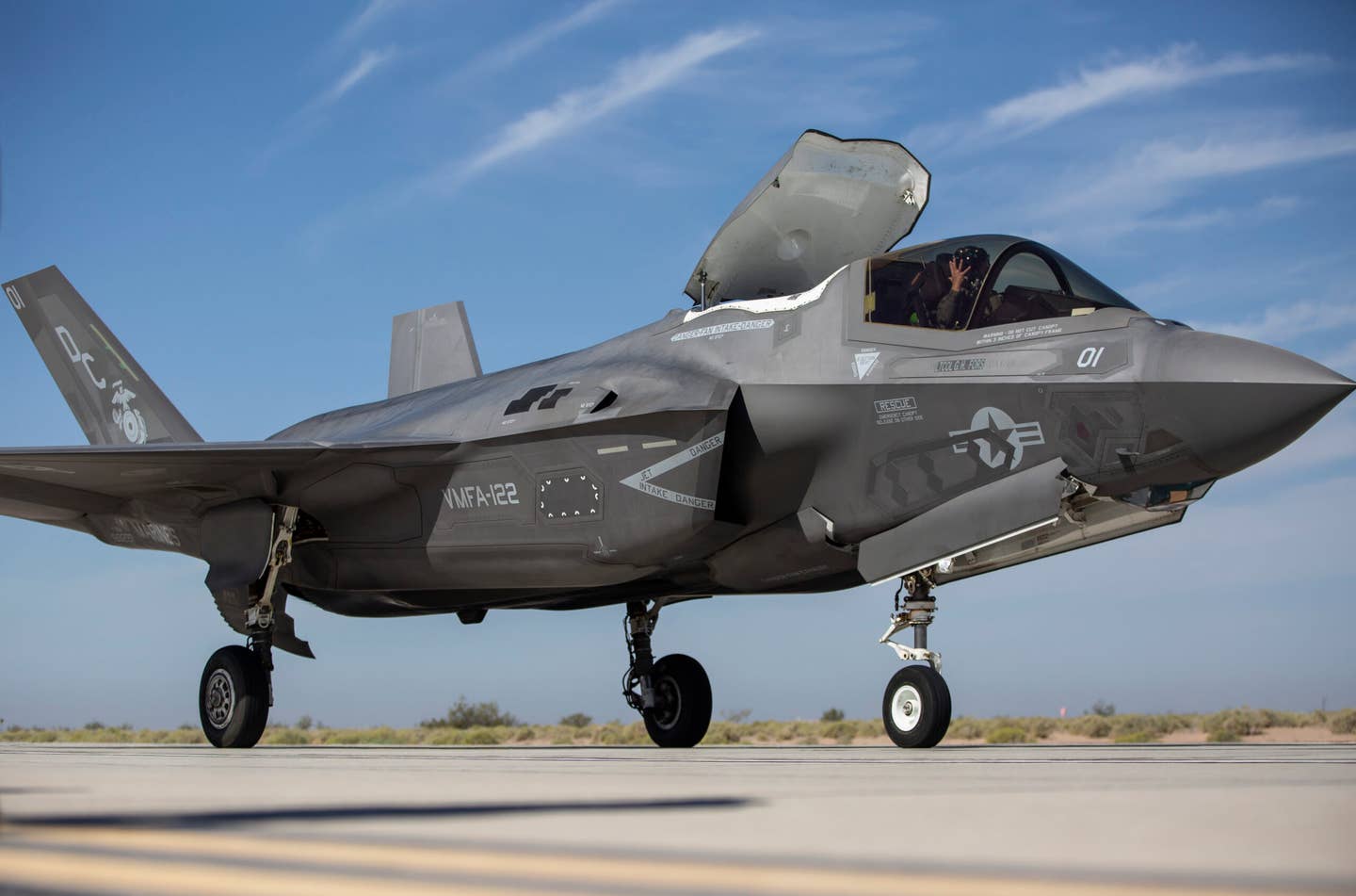 An F-35B with Marine Fighter Attack Squadron 122 conducts expeditionary advanced base operations (EABO) on simulated narrow roads at Marine Corps Air Station Yuma, Arizona, in 2021. <em>U.S. Marine Corps photo by Lance Cpl. Lance Cpl. Juan Anaya</em>