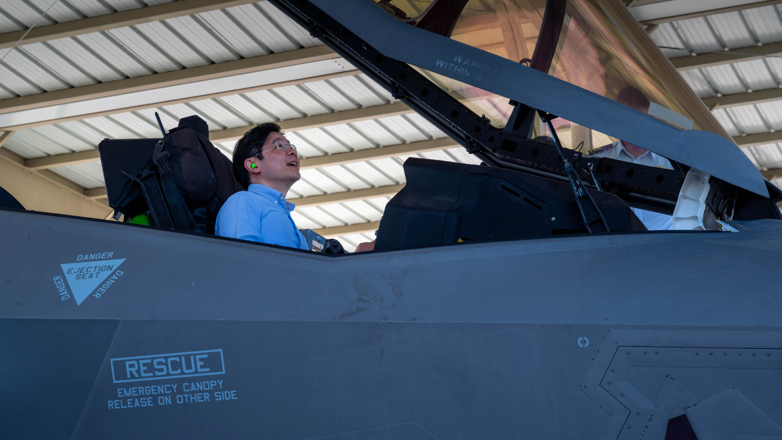 Lawrence Wong, Singapore Deputy Prime Minister and Minister of Finance, sits in a U.S. Air Force F-35A on October 6, 2023, during a visit to Luke Air Force Base, Arizona. <em>U.S. Air Force photo by Airman 1st Class Elias Carrero</em>