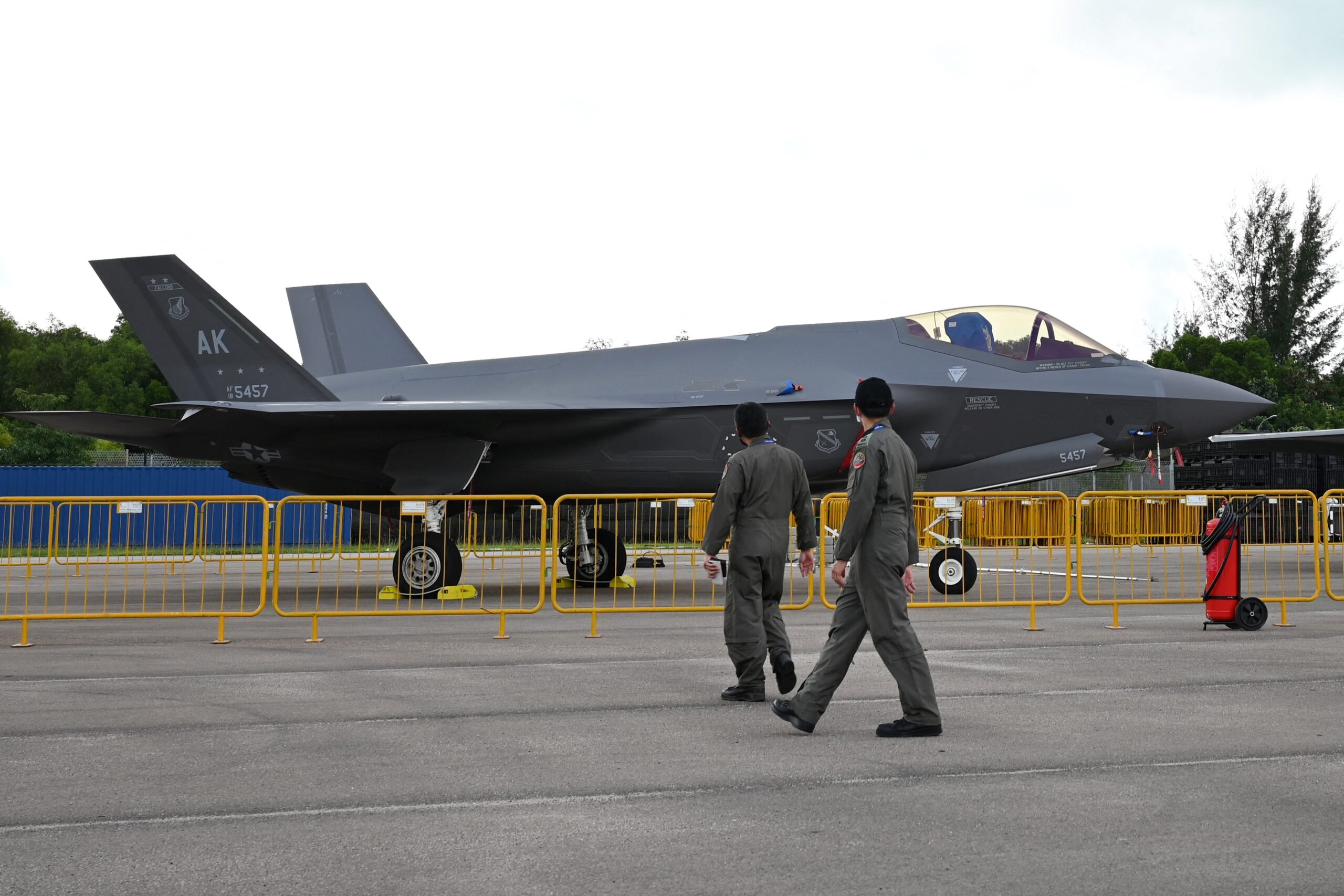 A U.S. Air Force F-35A on static display during the Singapore Airshow on February 15, 2022. <em>Photo by ROSLAN RAHMAN/AFP via Getty Images</em>