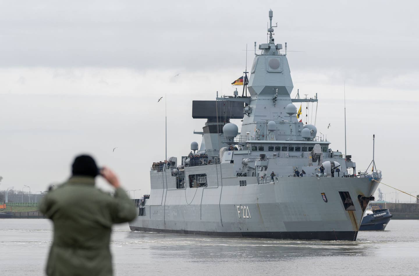 The German Navy frigate "<em>Hessen</em>" during the depart for deployment in the Red Sea on February 8, 2024 in Wilhelmshaven, Germany. <em>Photo by David Hecker/Getty Images</em>