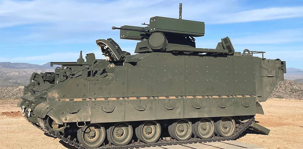A prototype of a variant of the AMPV armored vehicle with the same turret as the Stryker M-SHORAD vehicle. <em>BAE Systems</em>