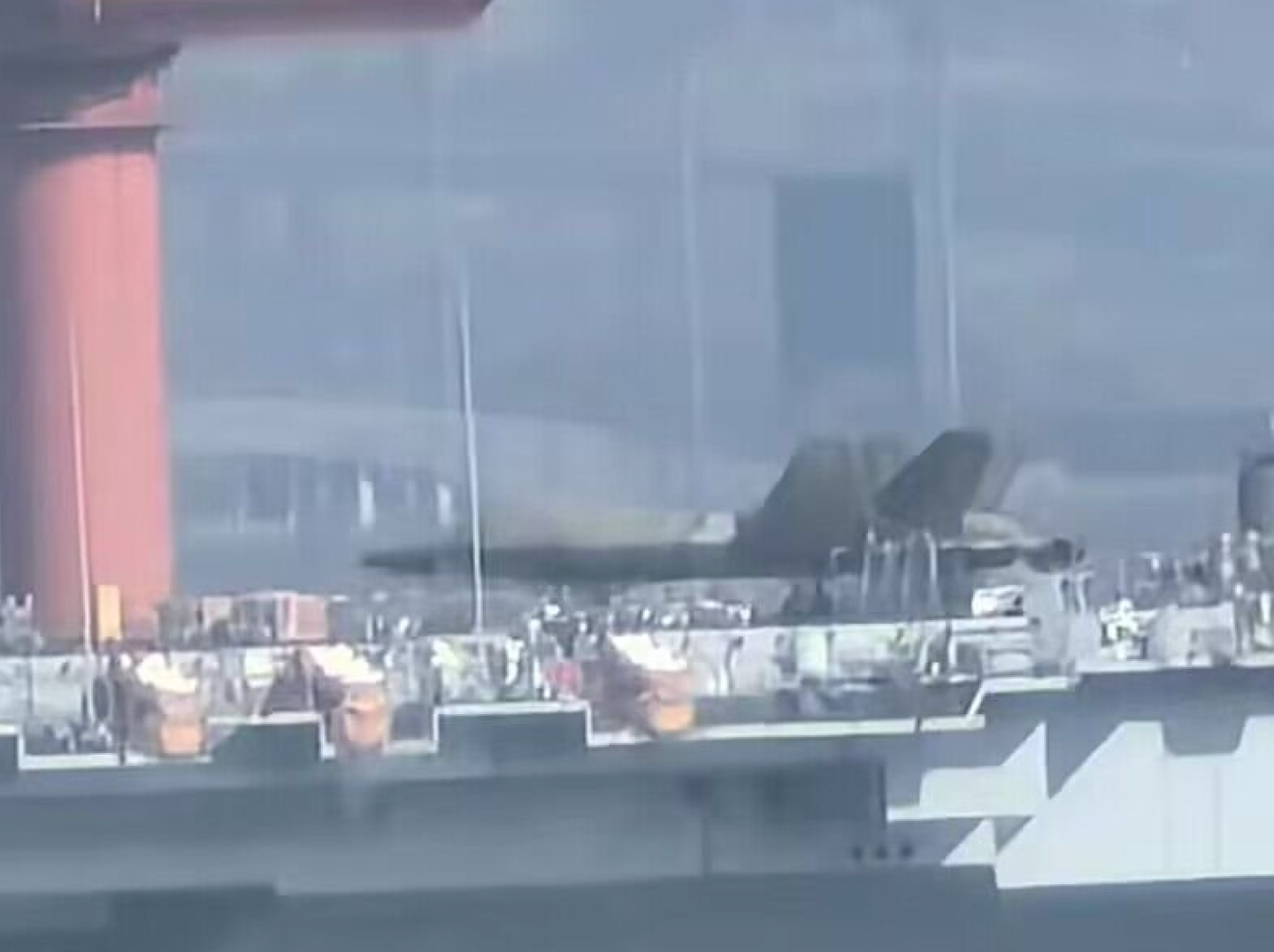 A lower-quality view of the mockup of the J-35, parked at the rear of the carrier.&nbsp;<em>Chinese internet</em>&nbsp;<em>via X</em>