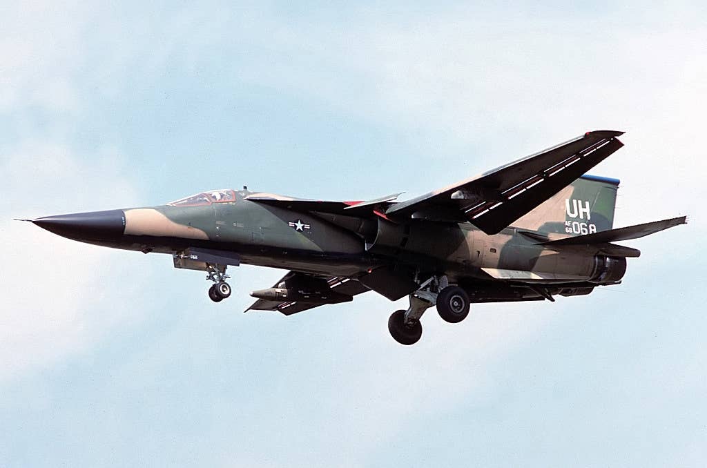 An F-111E of the resident 20th Tactical Fighter Wing comes in to land at RAF Upper Heyford in May 1978. <em>Mike Freer/Wikimedia Commons</em>