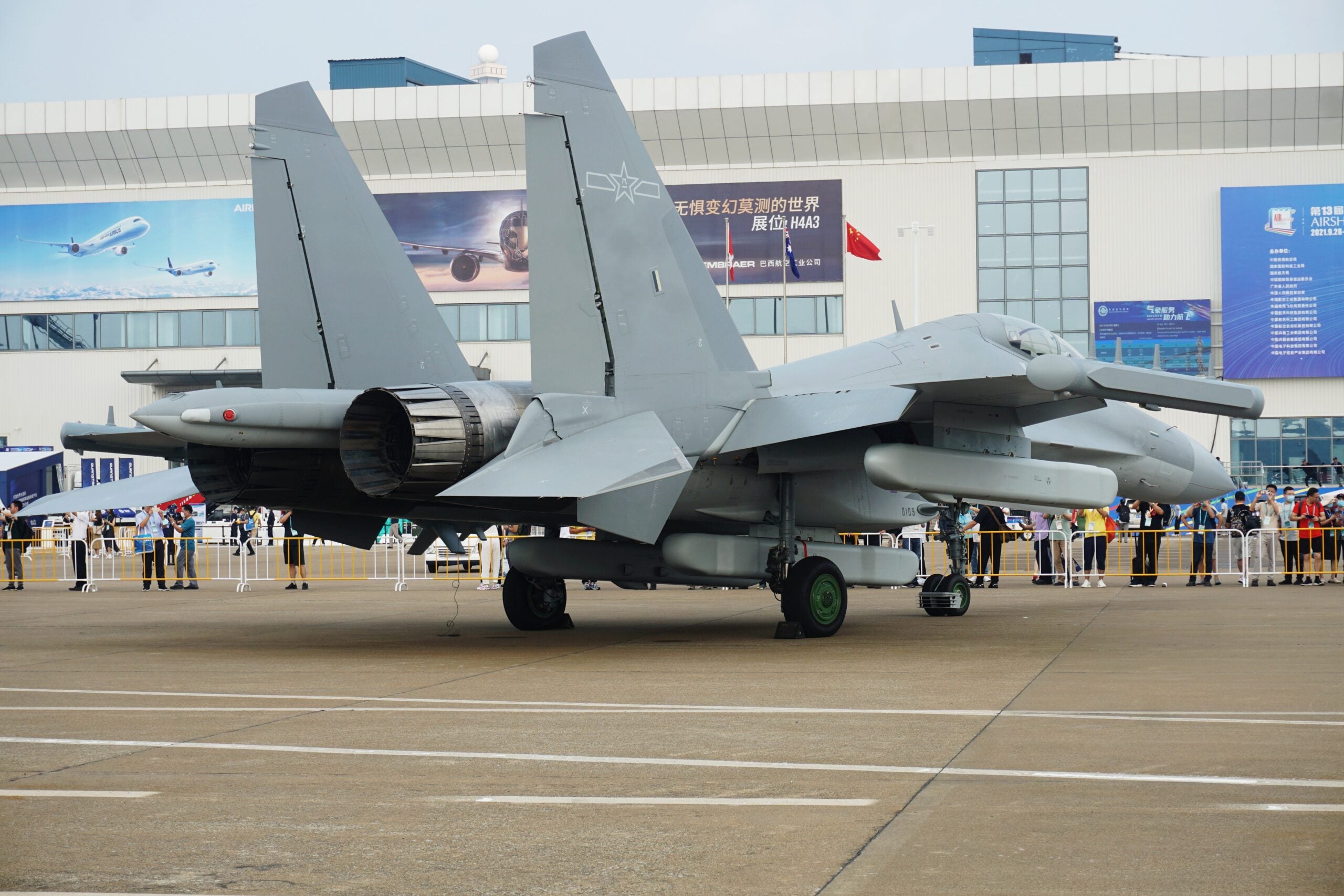 ZHUHAI, CHINA - SEPTEMBER 29: A J-16D electronic warfare jet is on display during the 13th China International Aviation and Aerospace Exhibition (Airshow China 2021) on September 29, 2021 in Zhuhai, Guangdong Province of China. (Photo by Long Wei/VCG via Getty Images)