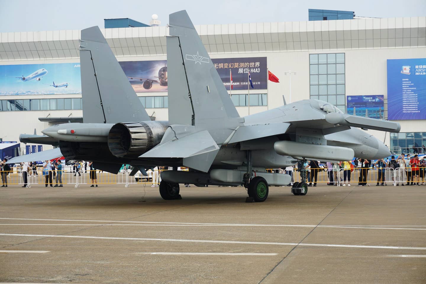 A J-16D electronic warfare aircraft is on display during Airshow China on September 29, 2021, in Zhuhai, Guangdong province. <em>Photo by Long Wei/VCG via Getty Images</em>