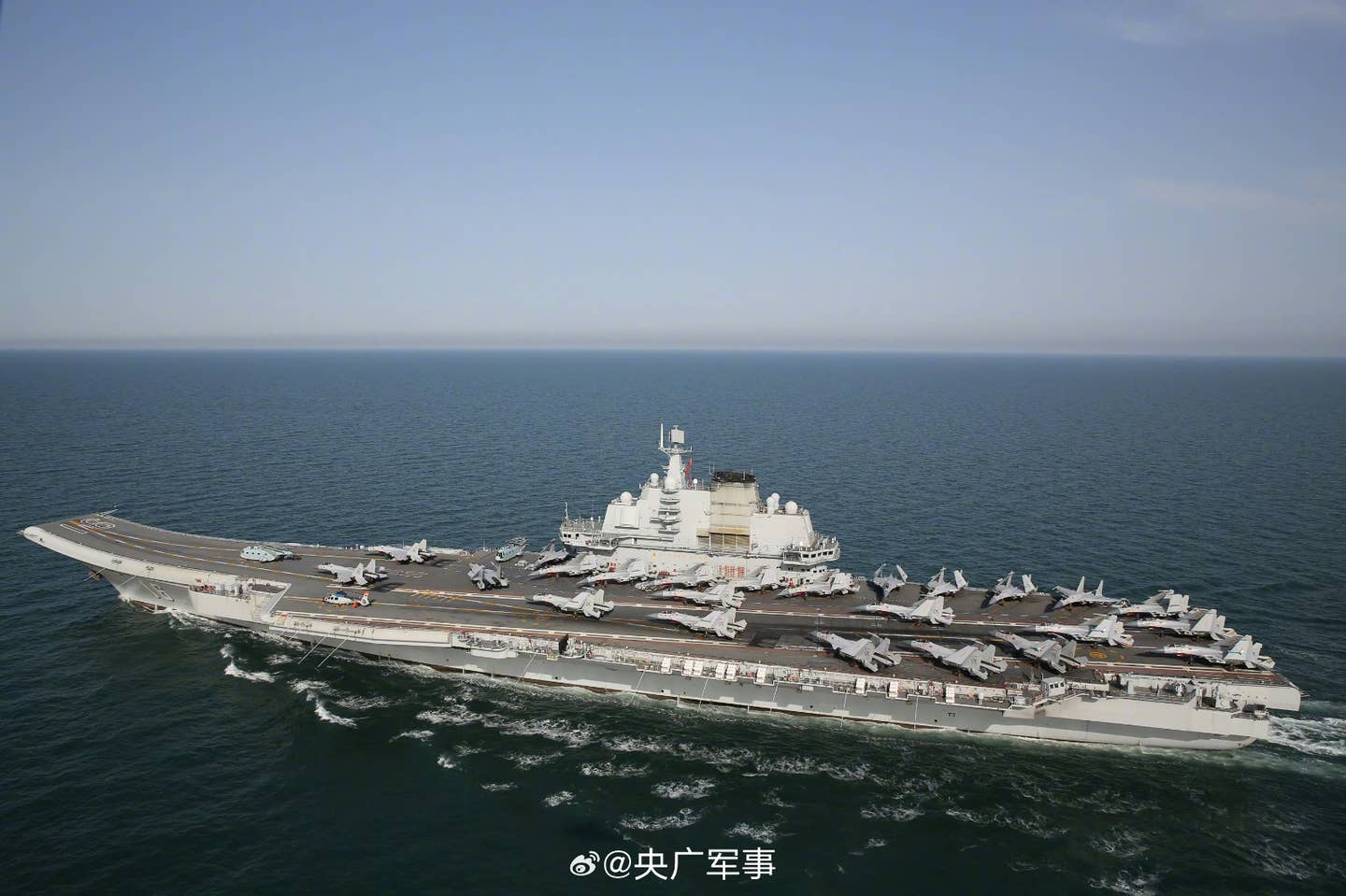 The <em>Liaoning</em> at sea with a typical air wing embarked.<em> via Chinese internet</em>