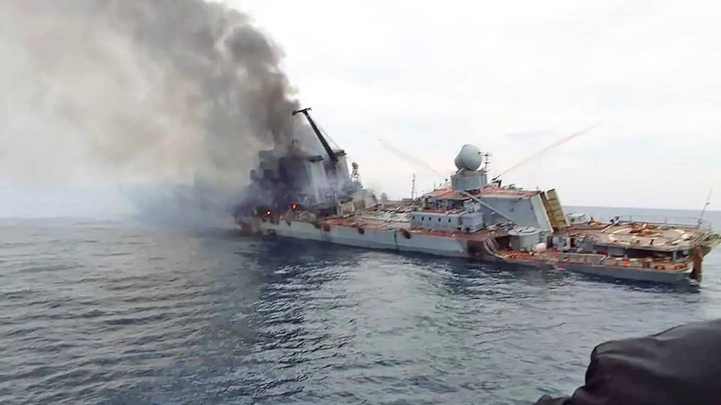 A picture of the Russian Navy's <em>Slava</em> class cruiser <em>Moskva</em> severely damaged in the Black Sea after a Ukrainian anti-ship missile strike in 2022. The ship subsequently sank. <em>via X</em>