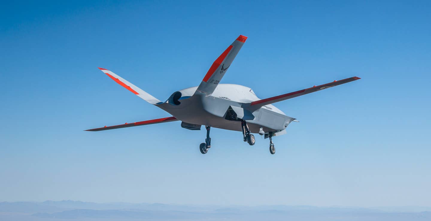 The XQ-67A drone seen during its first flight. <em><em>Courtesy photo via USAF</em></em>