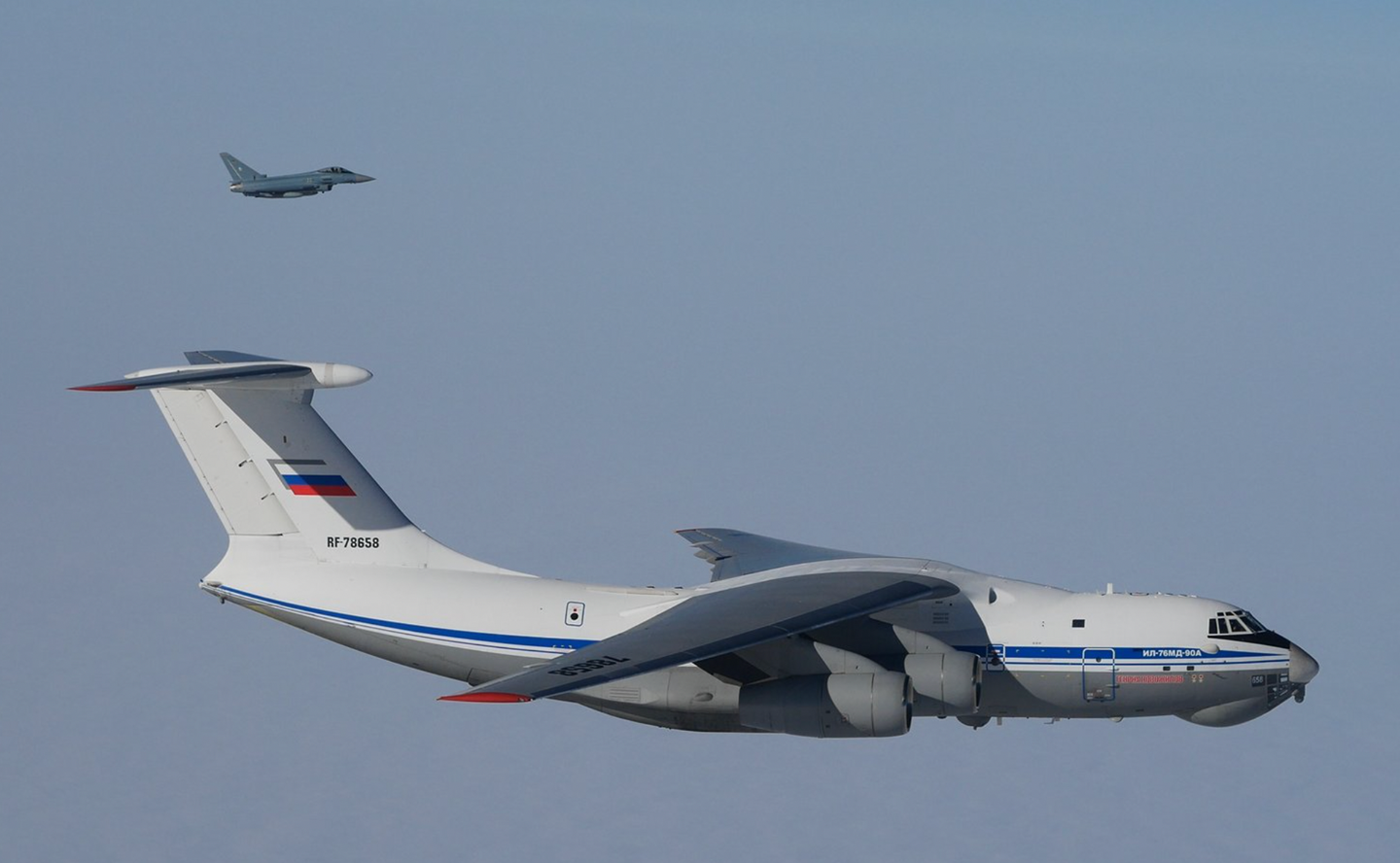 German Eurofighters intercept the first Il-76MD-90A for the Russian Aerospace Forces, RF-78658, over the Baltic Sea recently. <em>Luftwaffe via X</em>