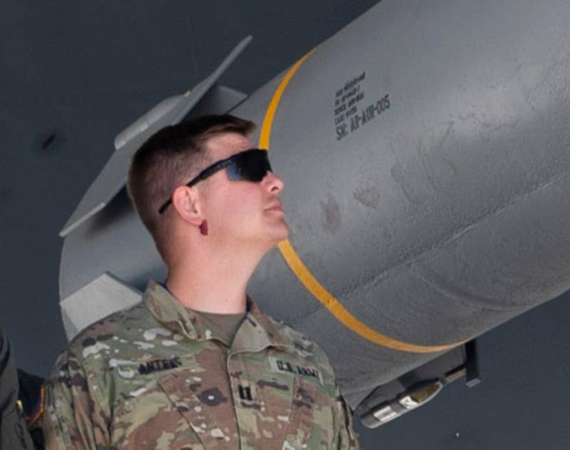 A close-up picture of the ARRW showing its serial number, as well as one of two yellow bands that denote it is a live weapon. <em>USAF</em>