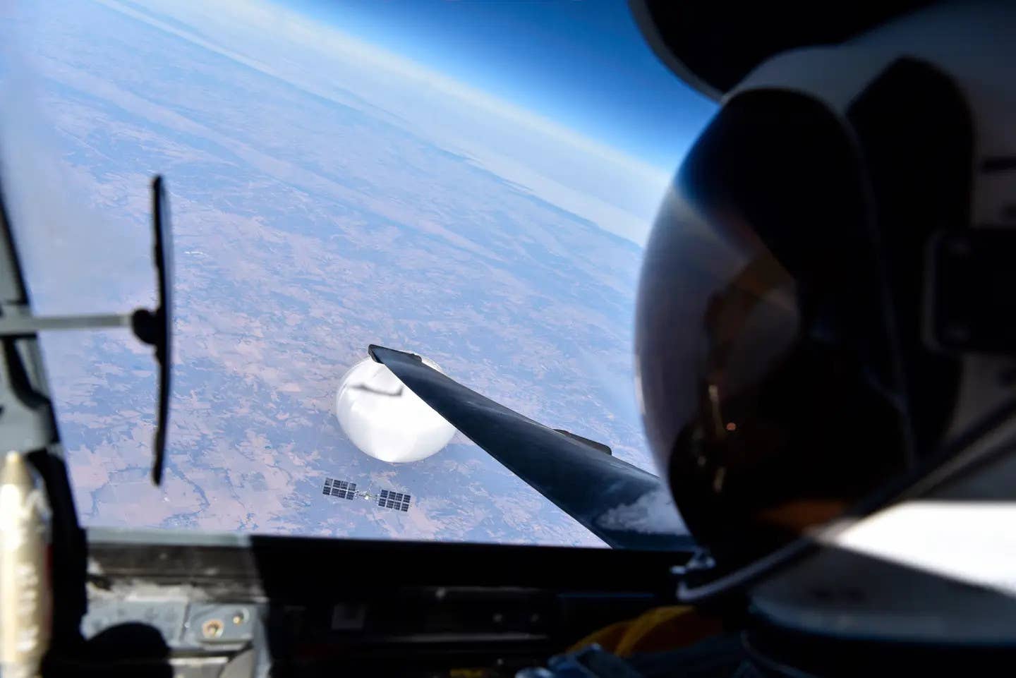 A view of the entire Chinese spy balloon taken from the cockpit of a U-2S Dragon Lady spyplane as it soared over the central United States last year. <em>DOD</em>