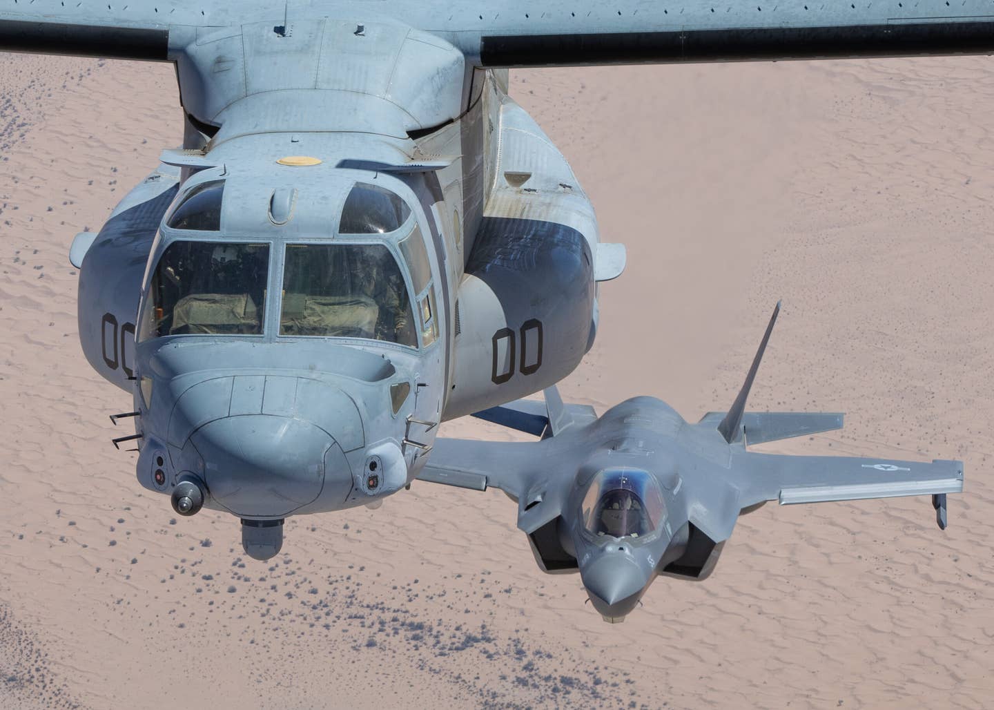 VMX-1 MV-22 and F-35B fly together over the Arizona desert. (Author's image)