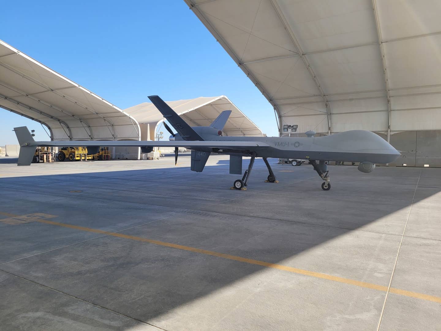 The Marine Corps’ first MQ-9A at an undisclosed location in the Central Command area of responsibility. (Photo courtesy of the U.S. Marine Corps).