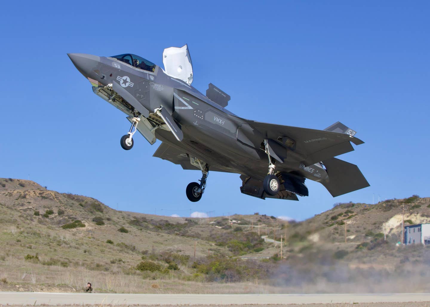 A VMX-1 F-35B takes off from a short strip during austere operations testing. (Author's image)