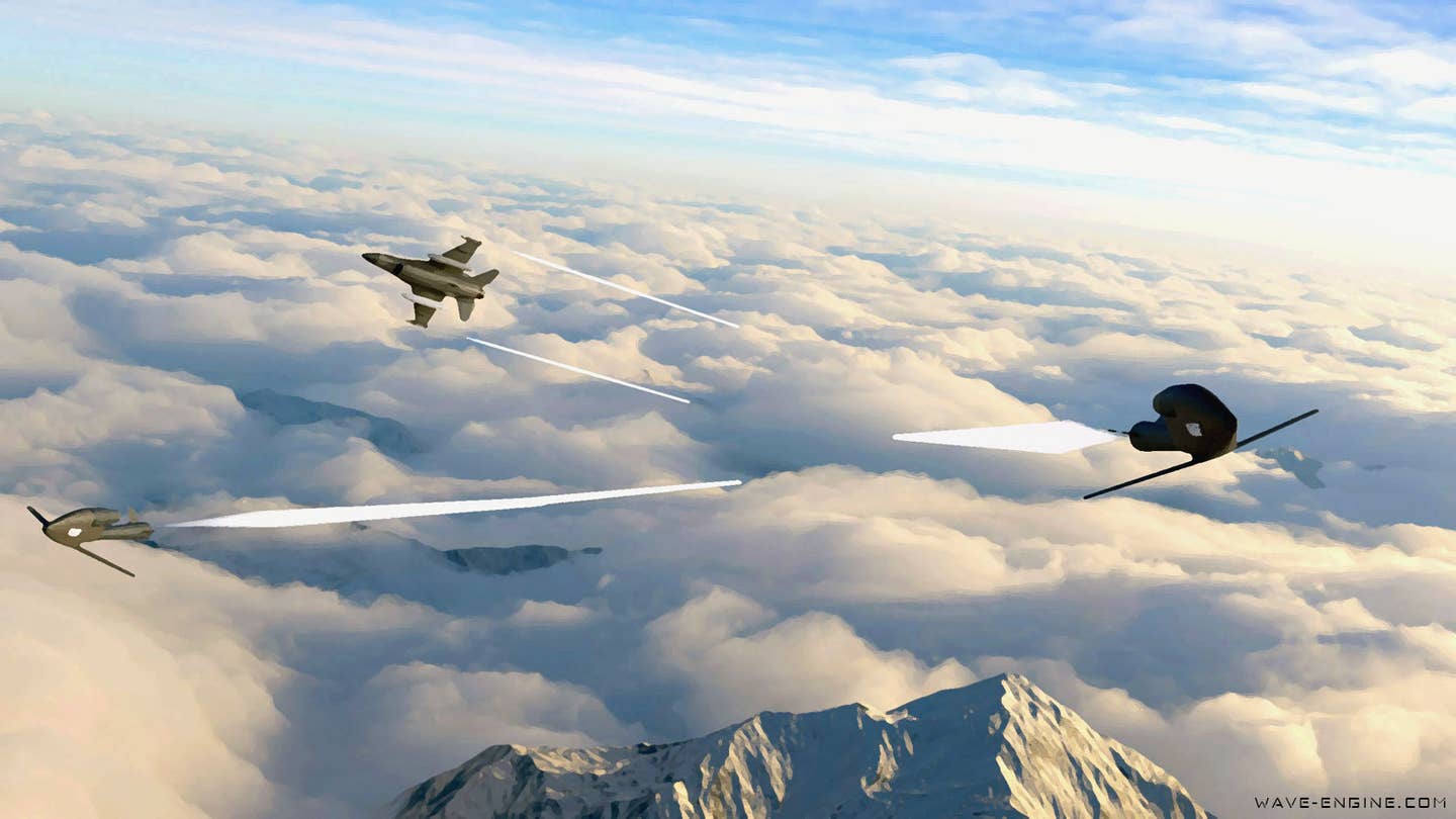 Concept artwork shows a pair of VALP pulsejet-powered decoys launched from an F-16. <em>Wave Engine Corp.</em>