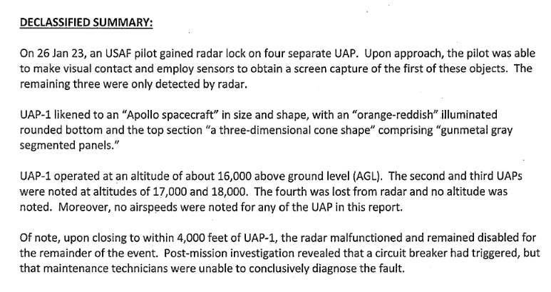 The full unclassified summary of the UAP incident that occurred over the Gulf of Mexico in January 2023. <em>USAF via FOIA/The Black Vault</em>