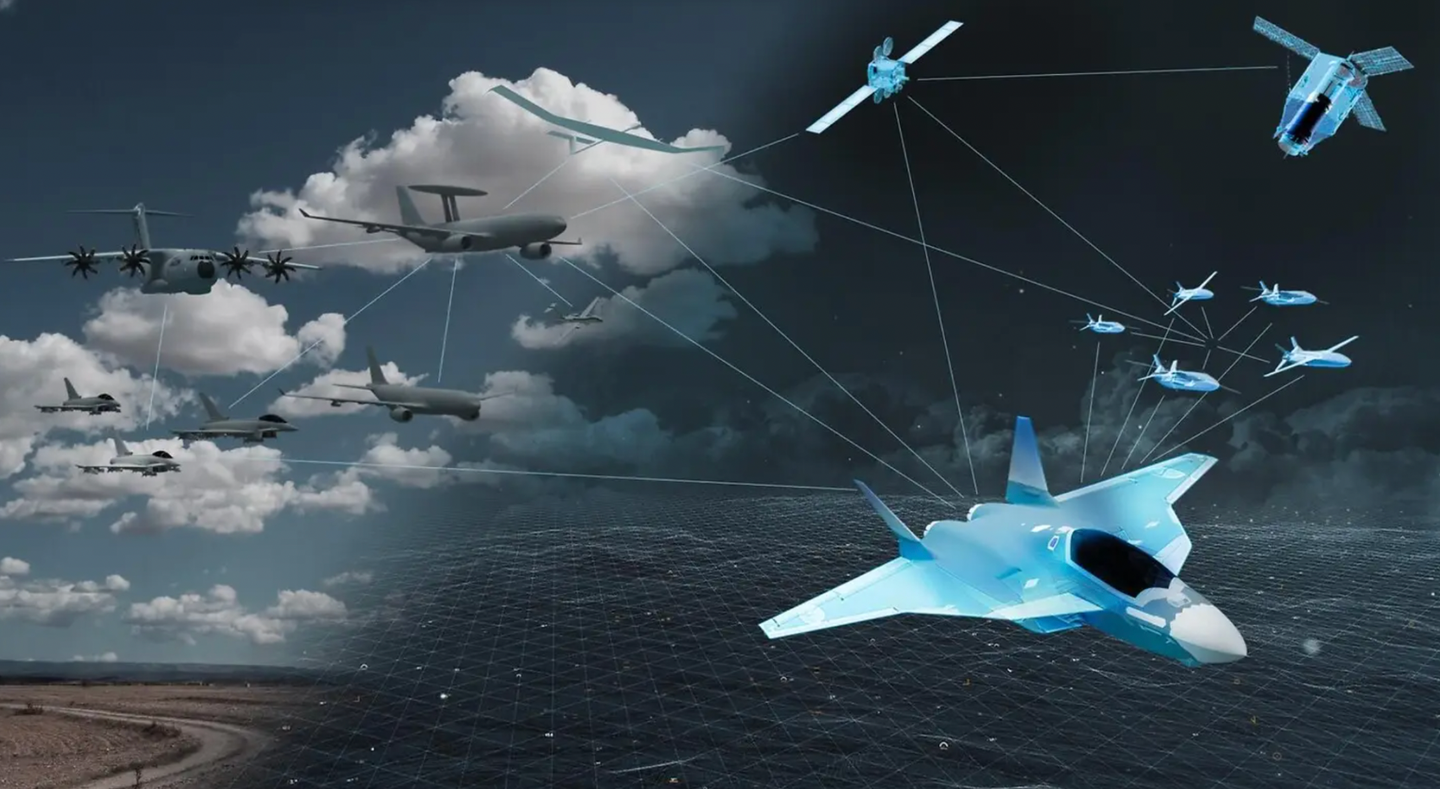 An Airbus concept showing an NGF connected via satellite-based Combat Cloud to&nbsp;Remote Carriers, as well as a variety of legacy combat and support platforms.&nbsp;<em>Airbus</em>