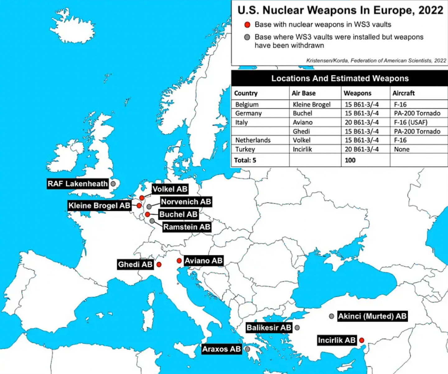 A map of current and former locations where B61 bombs are located in Europe under the NATO nuclear weapon sharing arrangements and a table breaking down estimated total bombs at each current site as of 2022. <em>FAS</em>